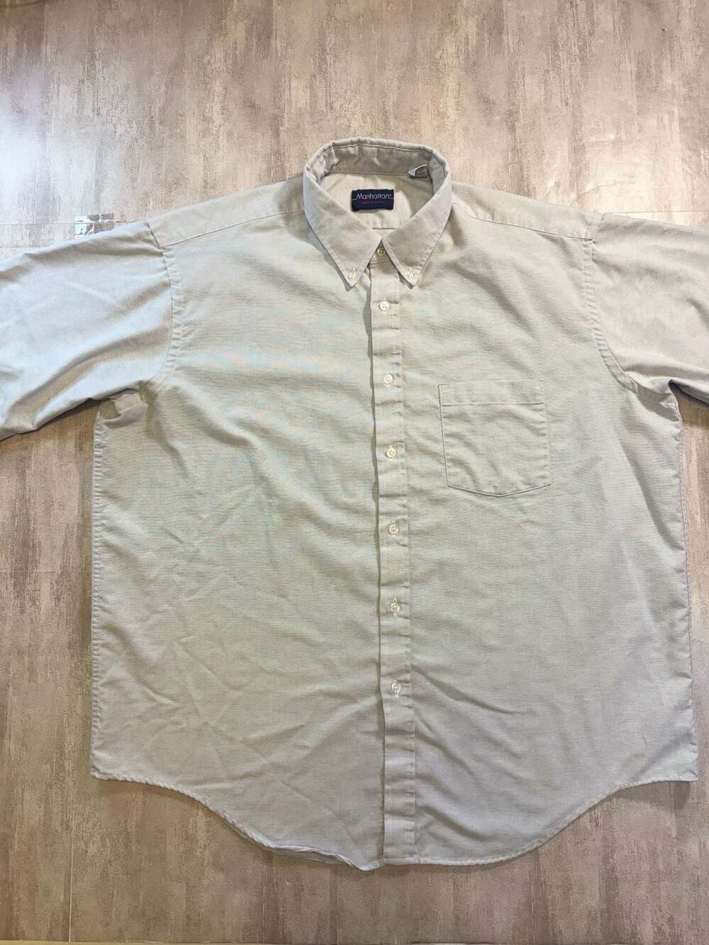 Vintage Manhattan Button Down Shirt Mens 17.5 Short Sleeve Blue Oxford